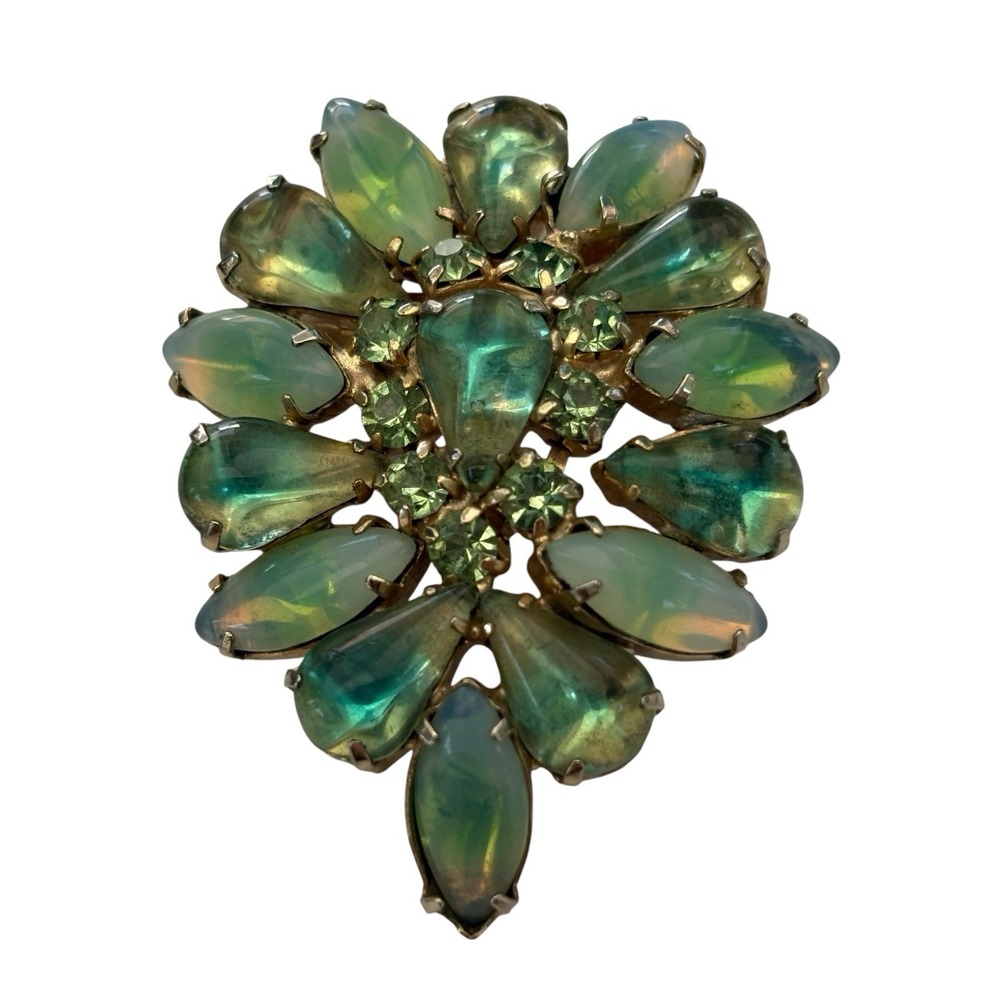 Vintage Green‎ Opalescent Brooch Pin Prong Set Rhinestone Gold Tone MCM READ